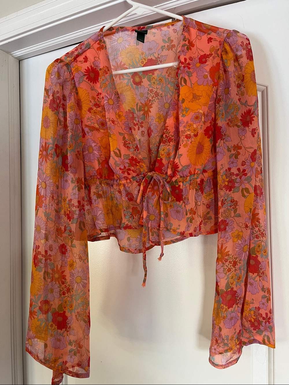 Wild  Fable Floral Sheer Tie-Front Blouse in Pink and Orange
